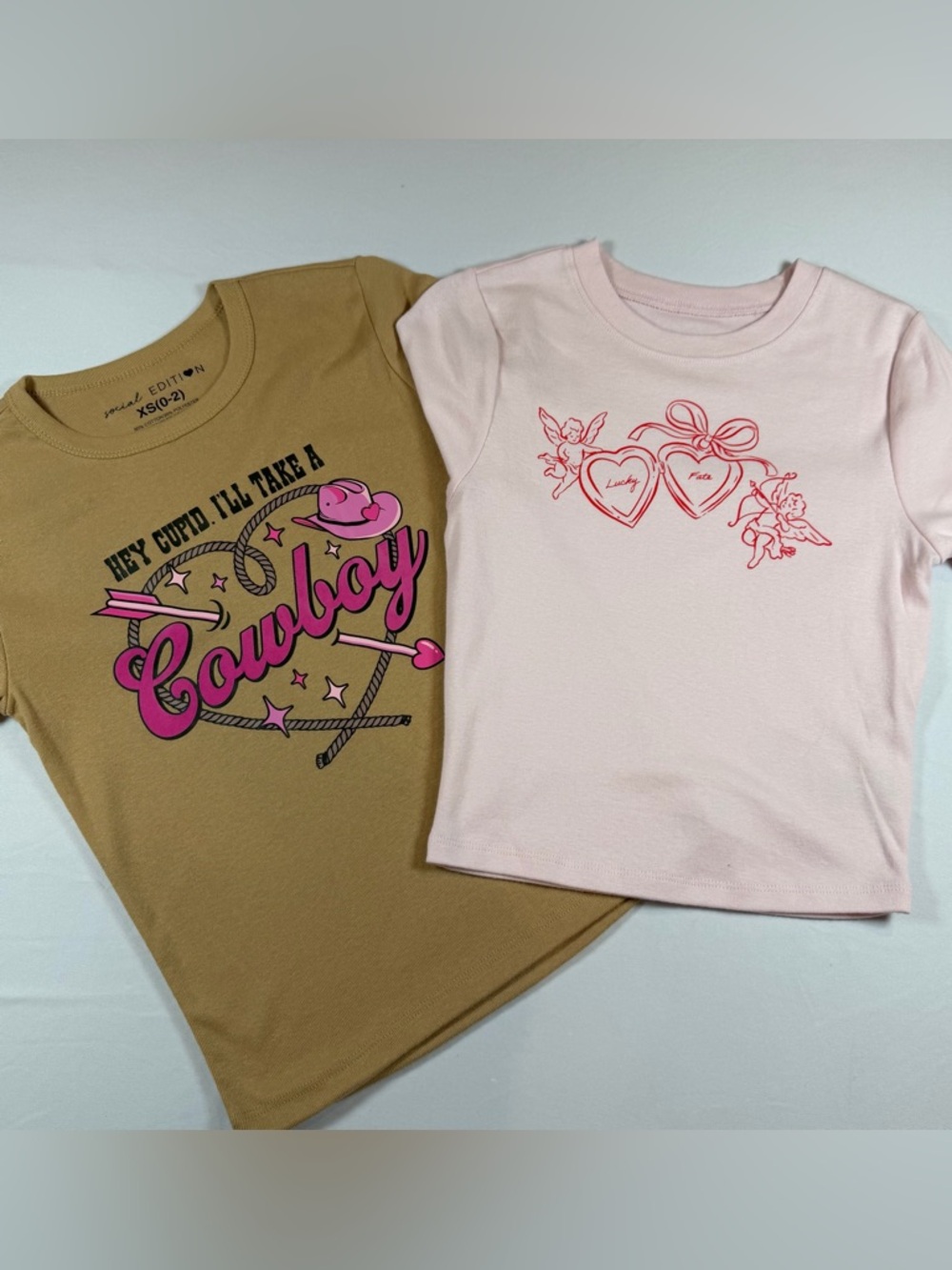 BUNDLES!!!No Boundaries Pink Tee with Red Cherub Heart Graphic & Tan Crop Tee XS